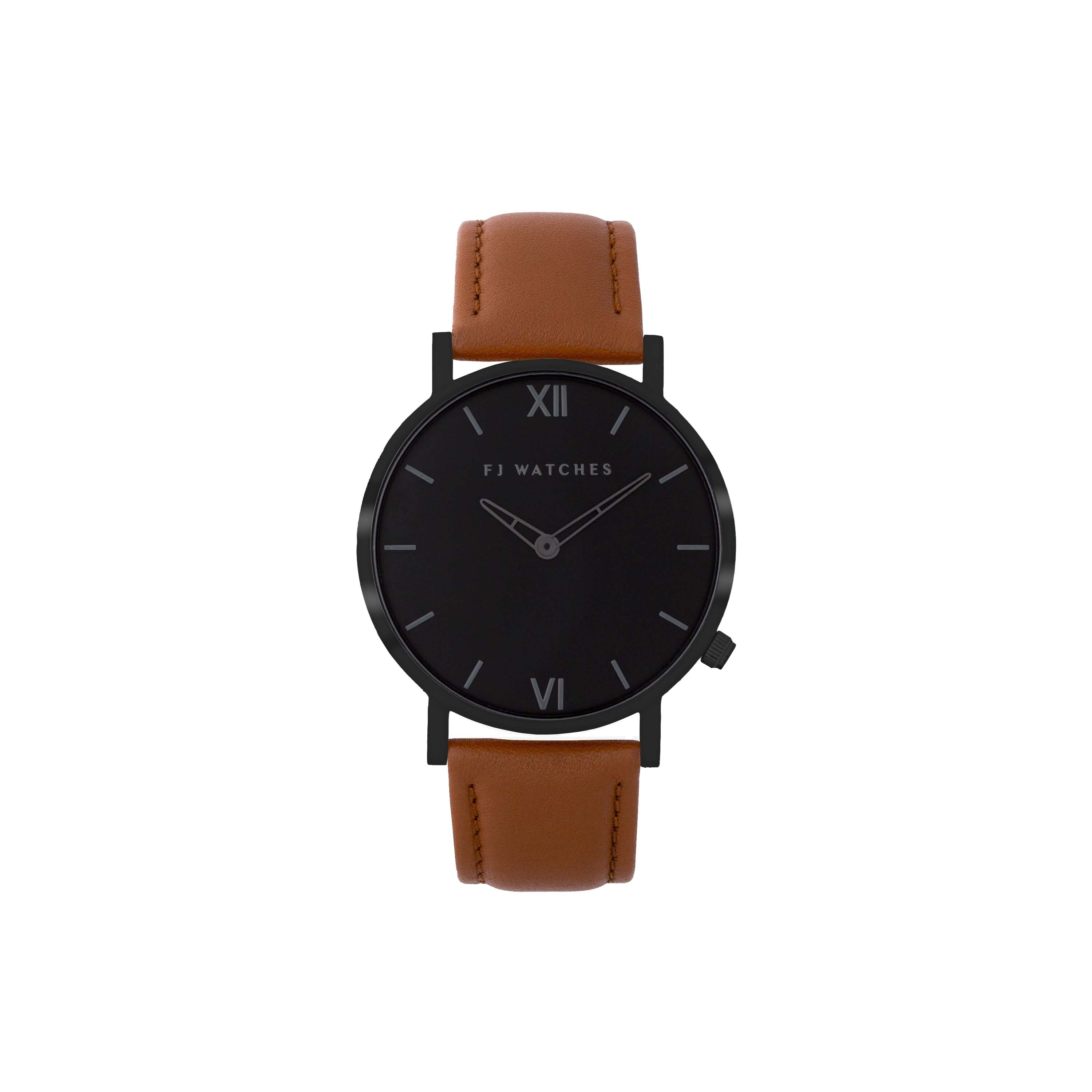 FJ Watches Dark moon all black watch for men 42mm with leather strap minimalist tan light brown