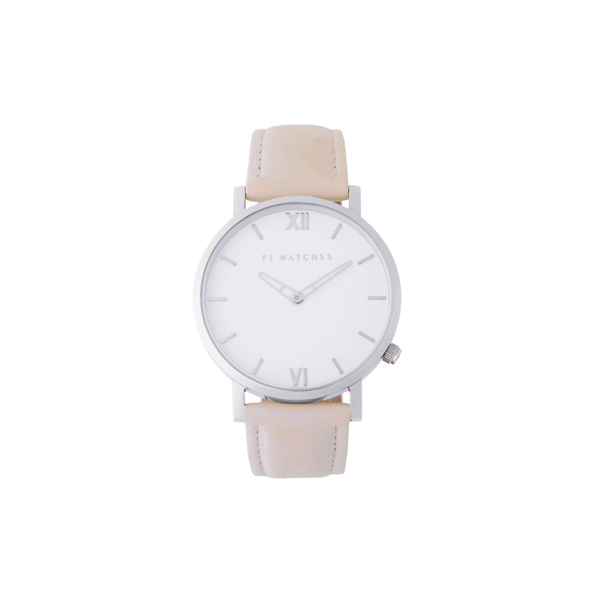 FJ Watches silver sun white women 36mm pinky beige leather strap watch minimalist
