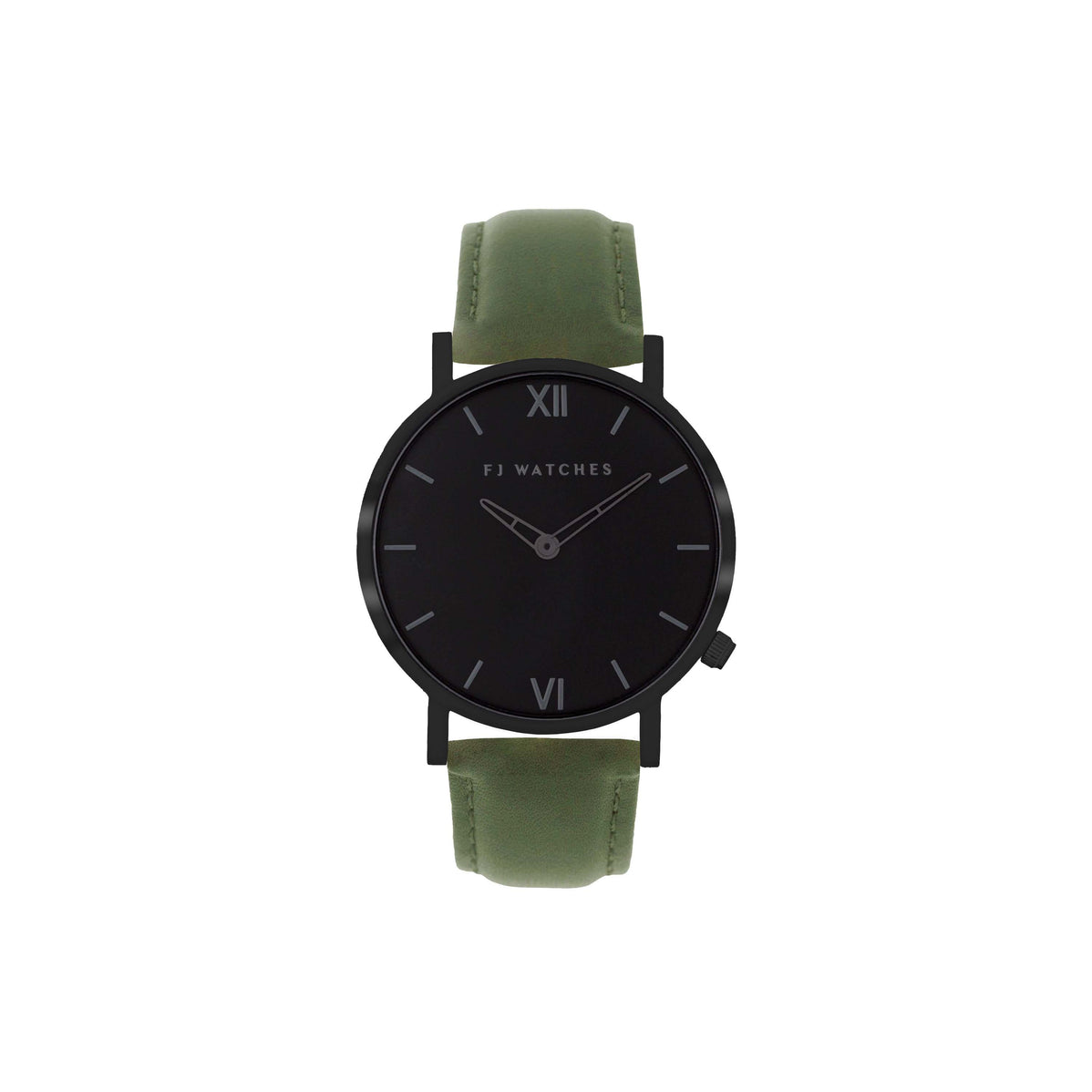 FJ Watches Dark moon all black watch for men 42mm with leather strap minimalist olive green