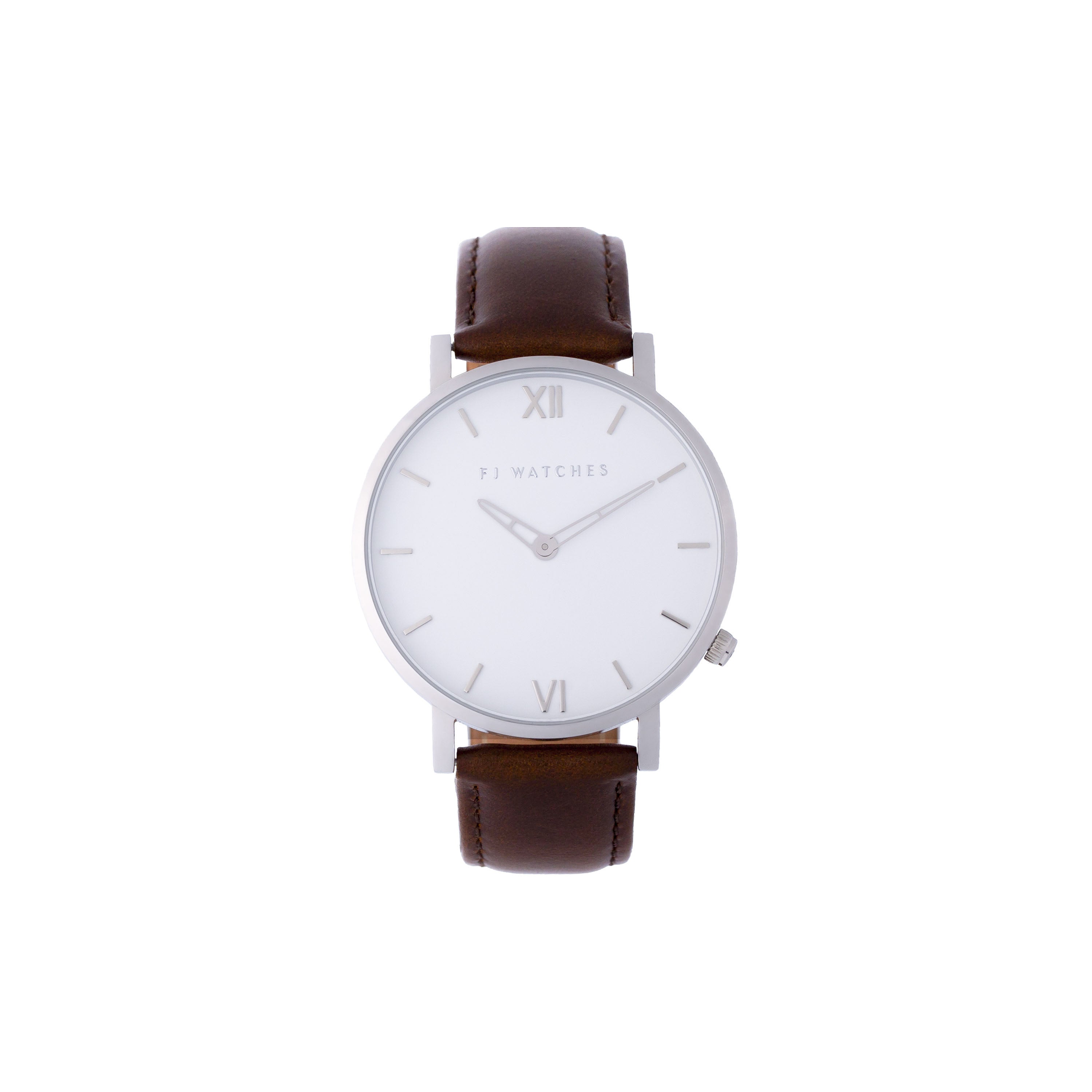 FJ Watches silver sun white men 42mm brown leather strap watch minimalist