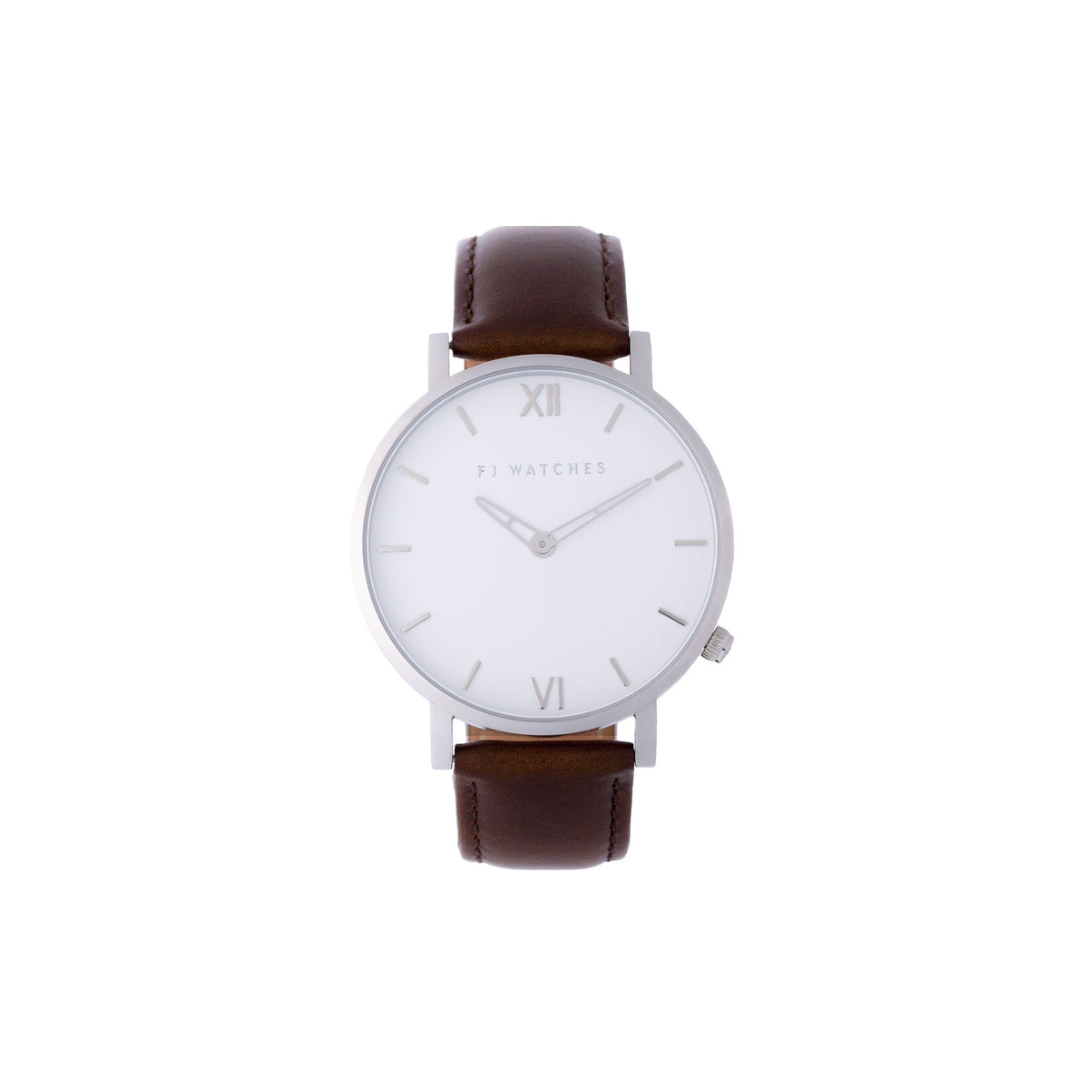 FJ Watches silver sun white women 36mm brown leather strap watch minimalist
