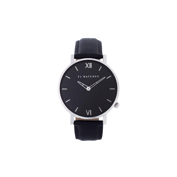FJ Watches silver moon black women 36mm leather strap watch minimalist