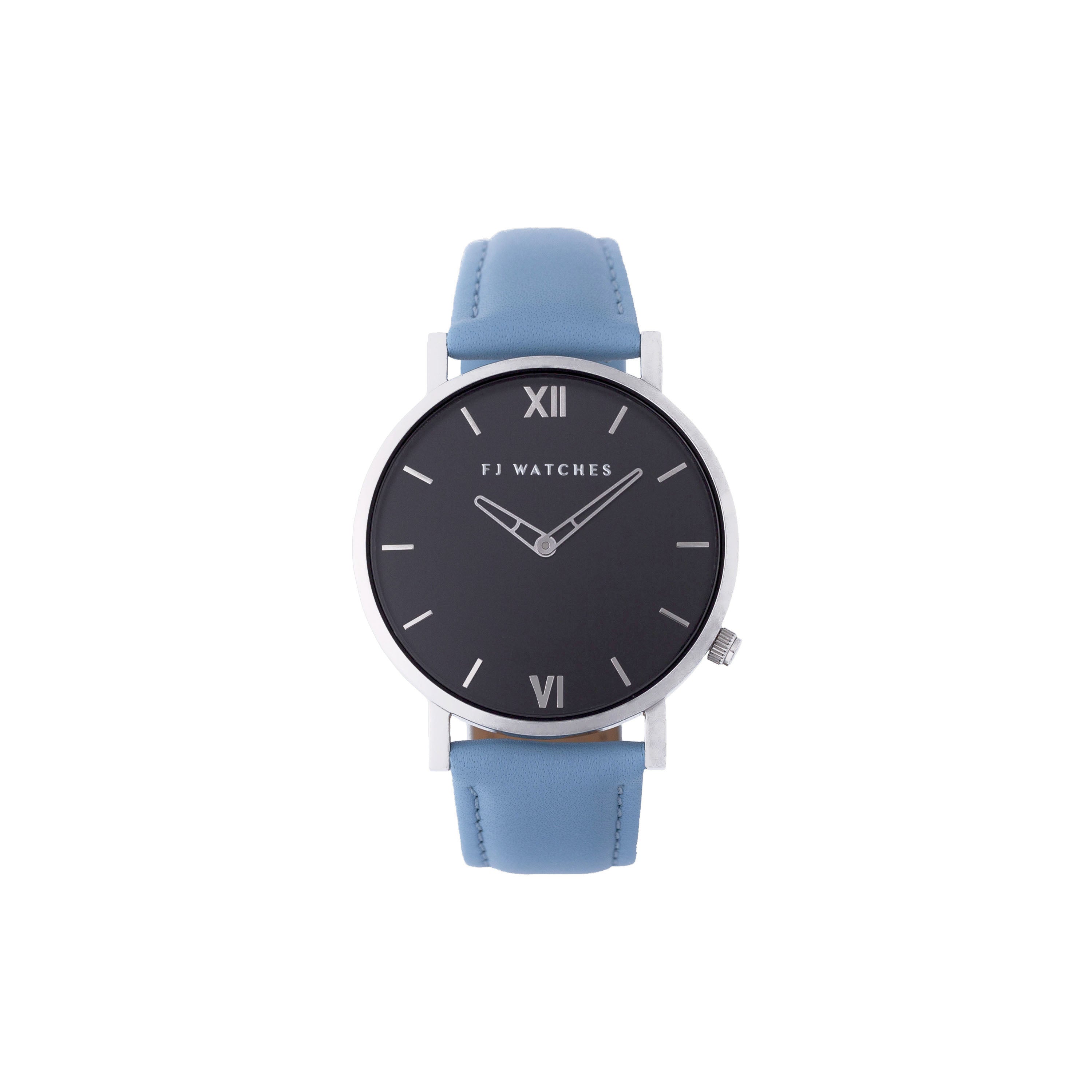 FJ Watches silver moon black women 36mm sky blue leather strap watch minimalist