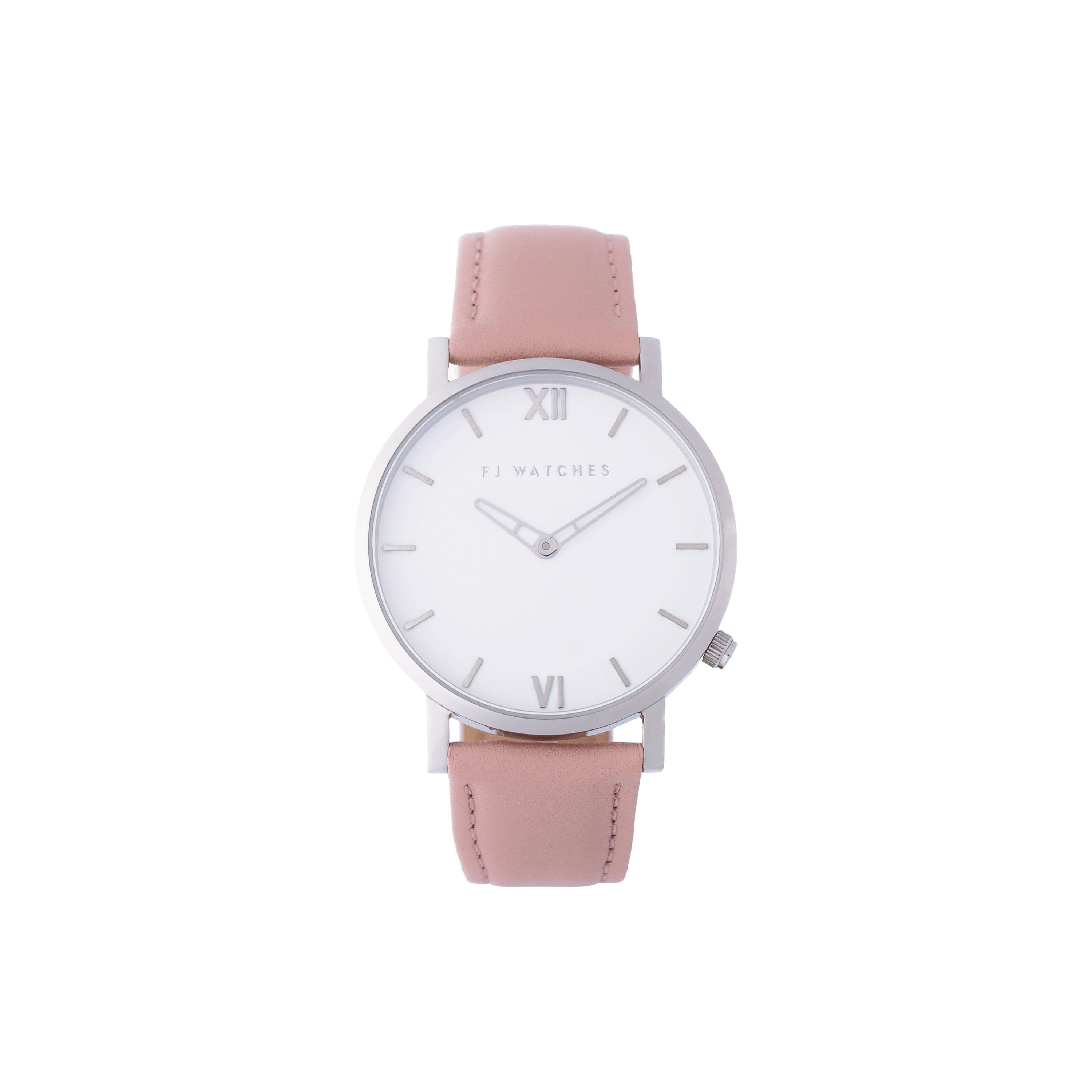 FJ Watches silver sun white women 36mm pink leather strap watch minimalist