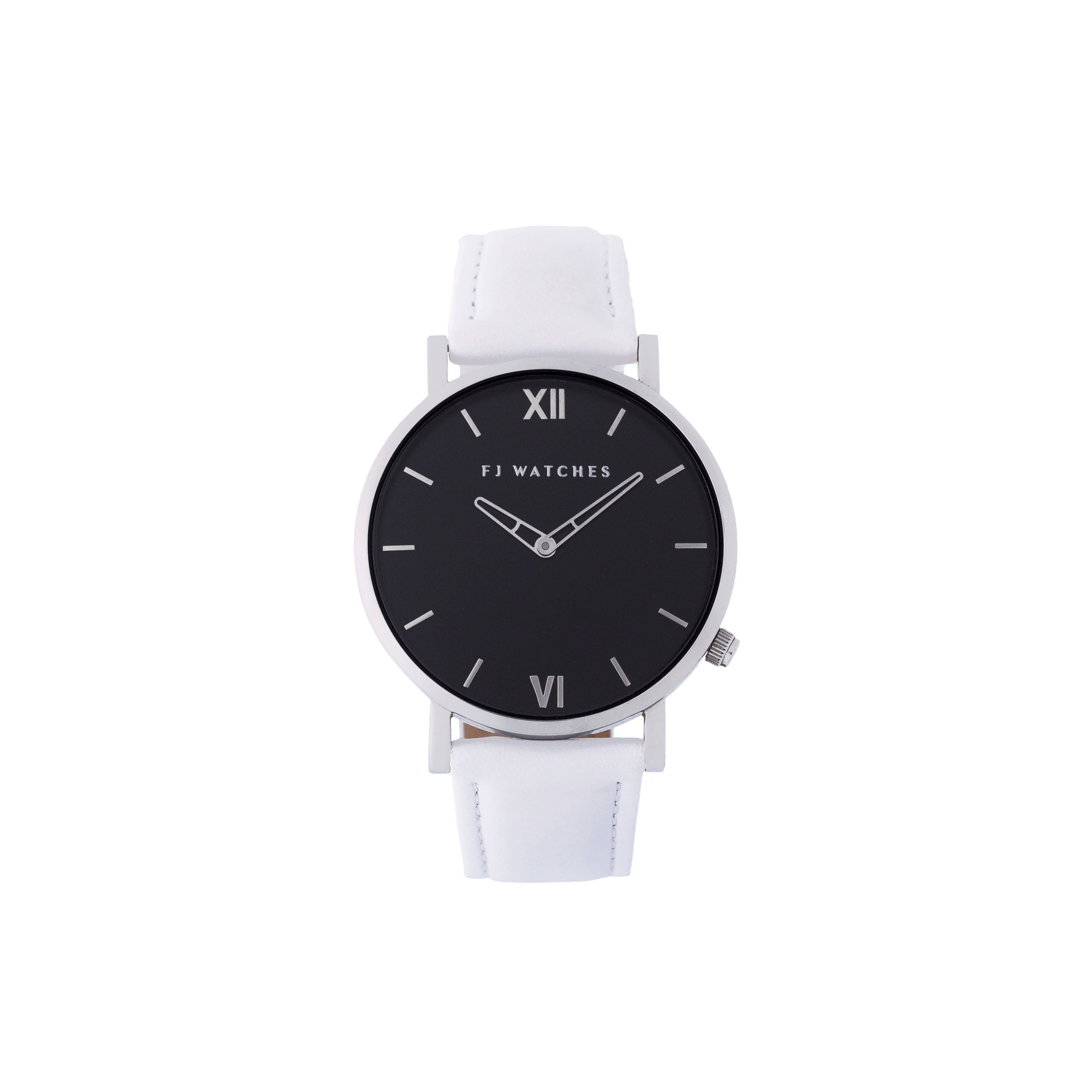 FJ Watches silver moon black women 36mm white leather strap watch minimalist