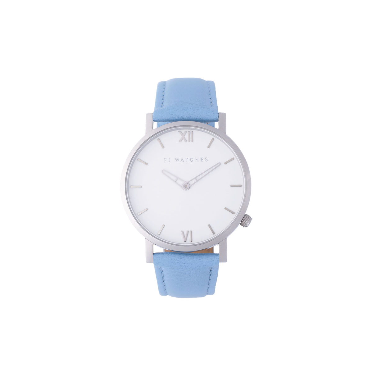 FJ Watches silver sun white women 36mm sky blue leather strap watch minimalist