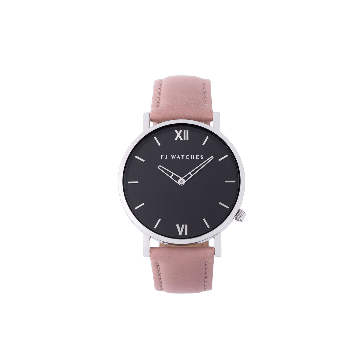 FJ Watches silver moon black women 36mm pink leather strap watch minimalist