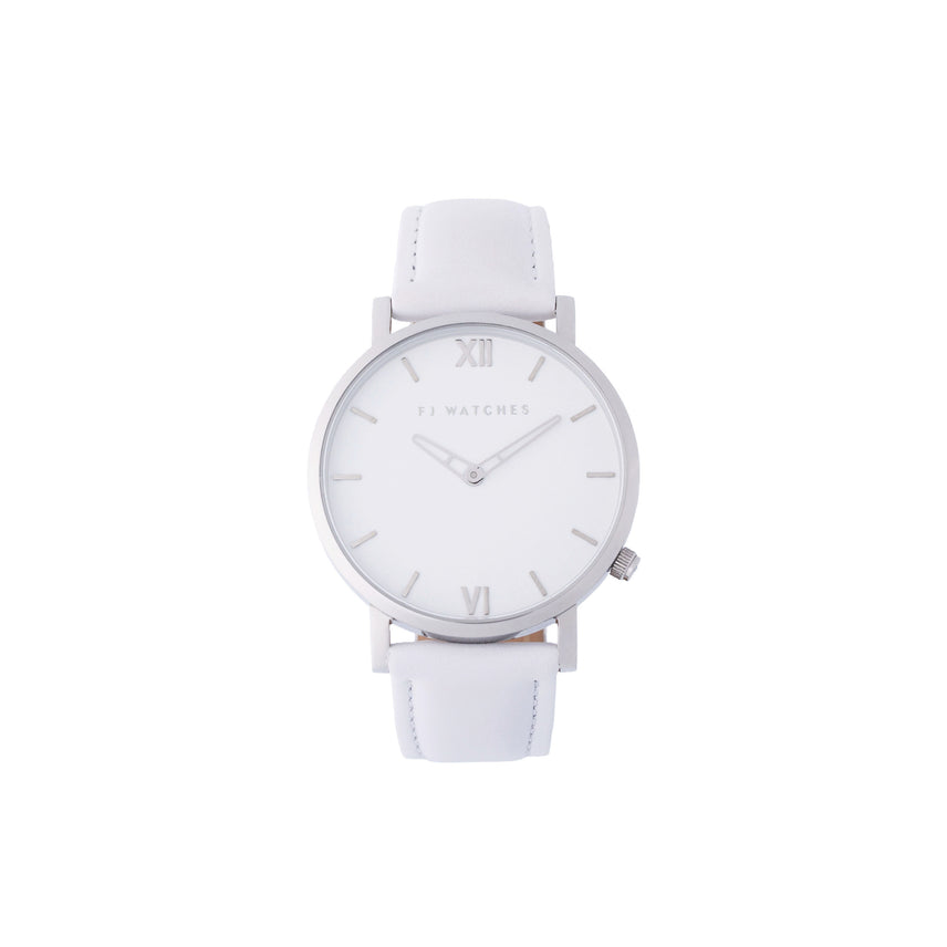 FJ Watches silver sun white women 36mm white leather strap watch minimalist