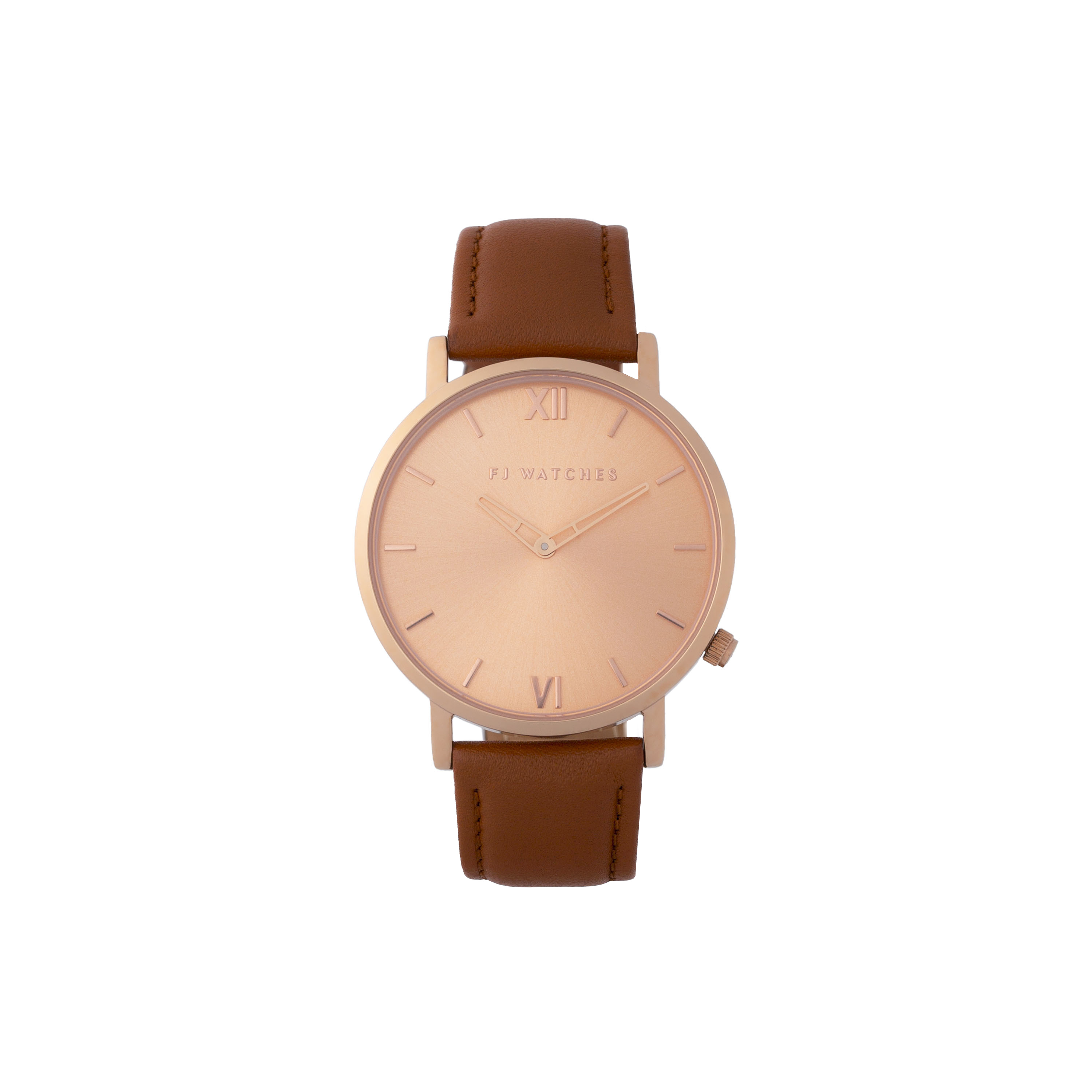 FJ Watches sunset rose gold rosegold watch women 36mm tan light brown leather minimalist