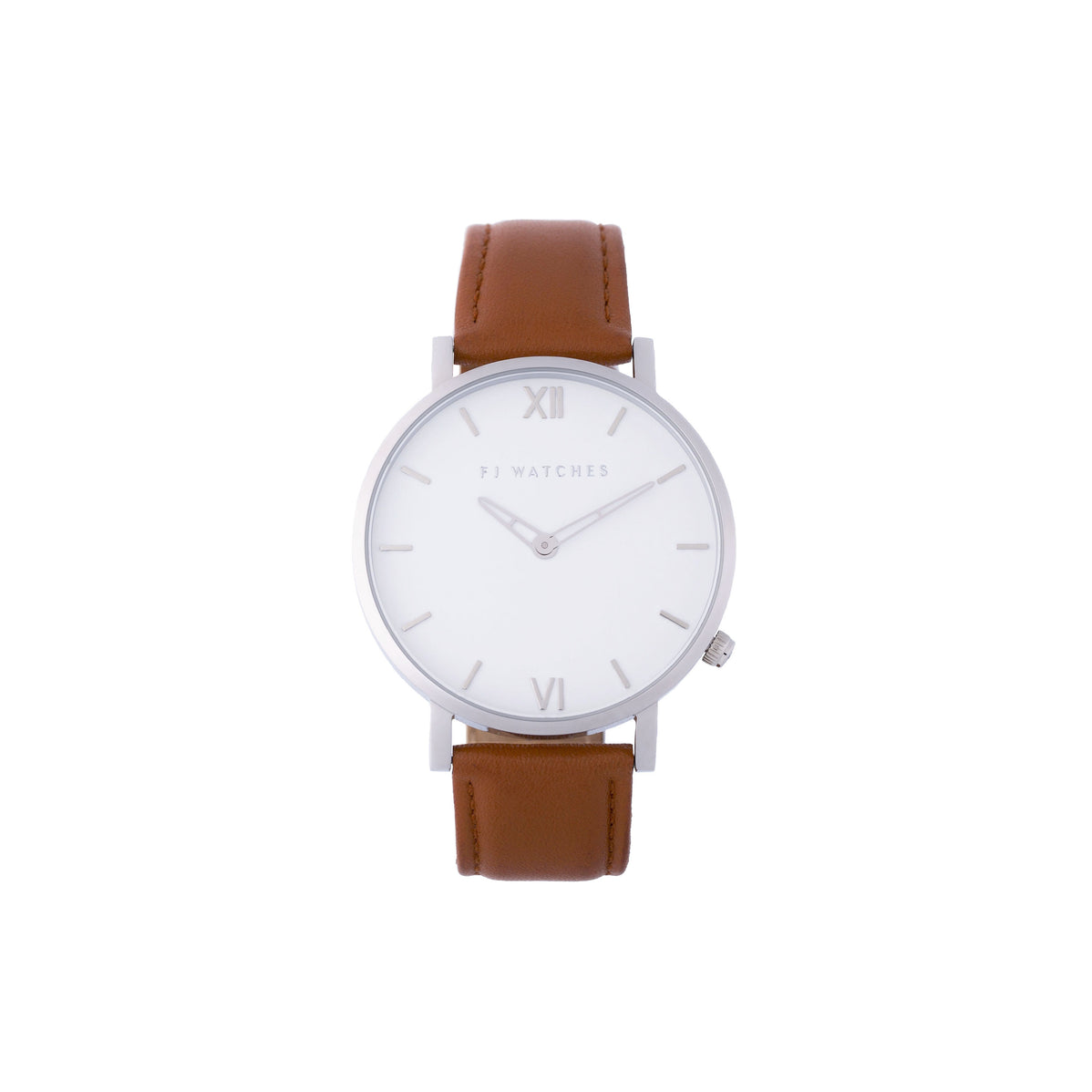 FJ Watches silver sun white women 36mm tan light brown leather strap watch minimalist