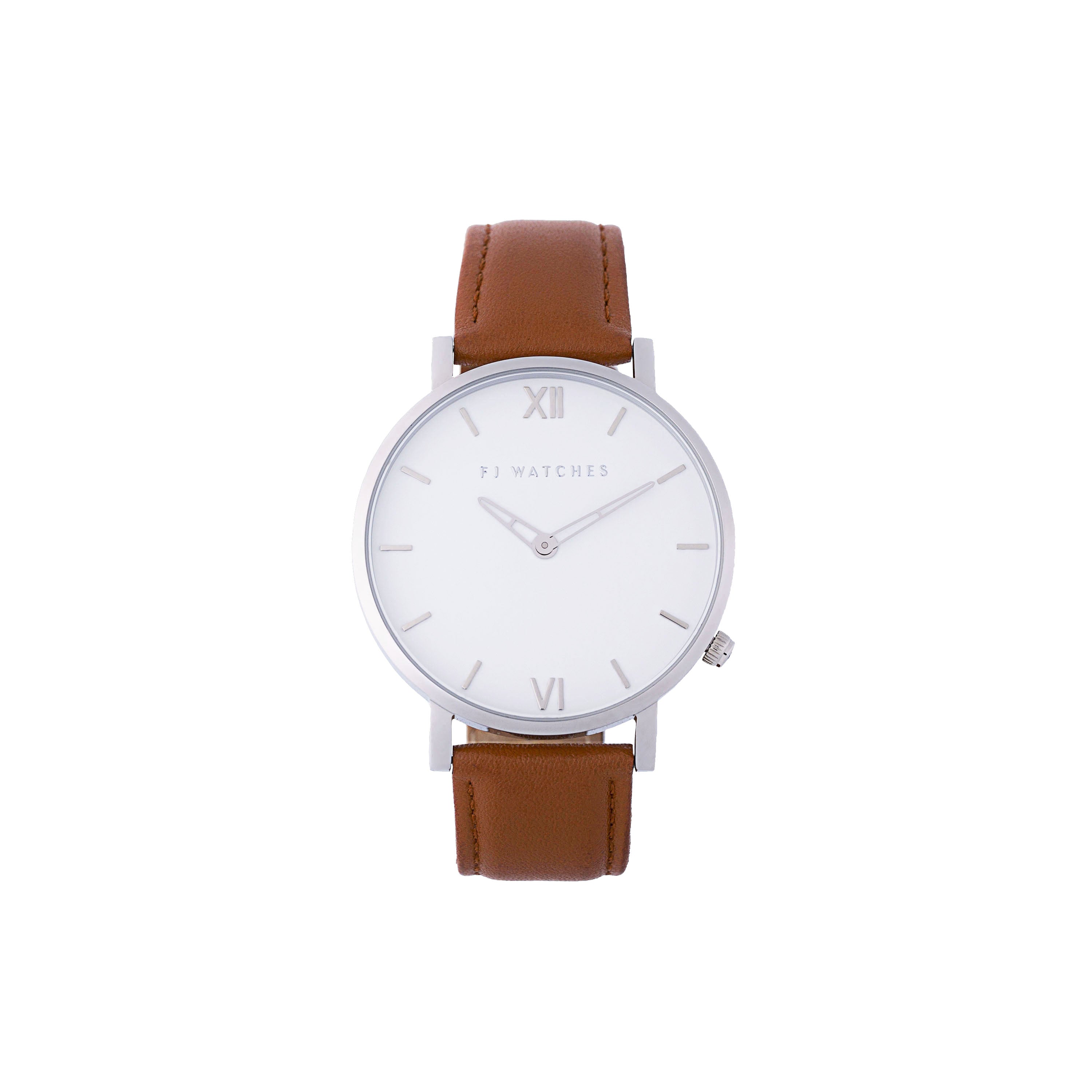 FJ Watches silver sun white men 42mm tan light brown leather strap watch minimalist