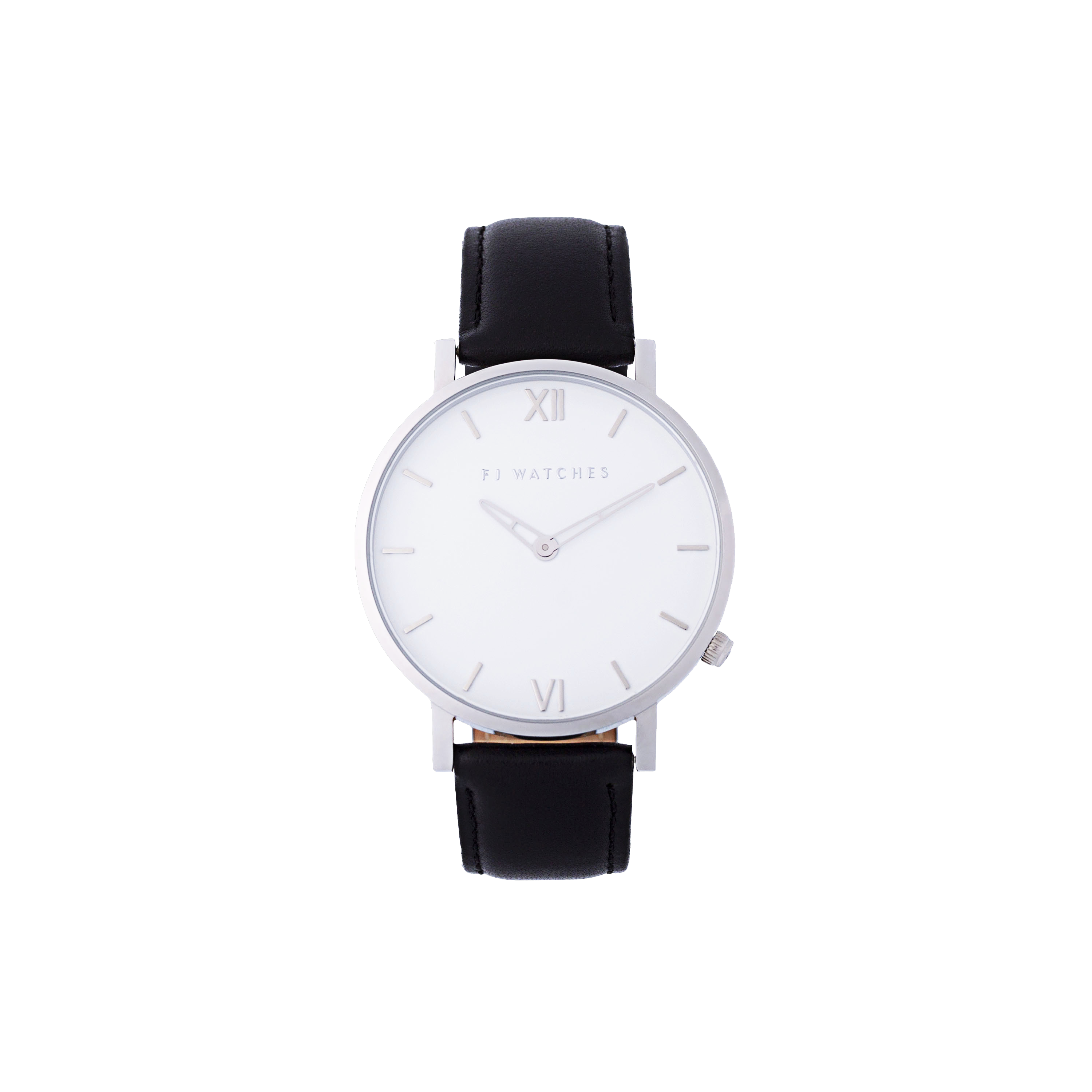 FJ Watches silver sun white women 36mm black leather strap watch minimalist