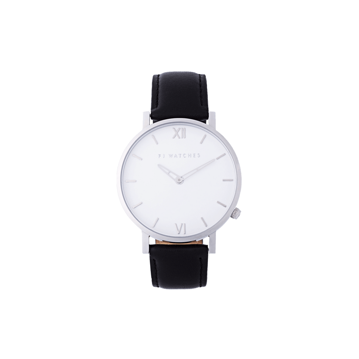 FJ Watches silver sun white men 42mm black leather strap watch minimalist