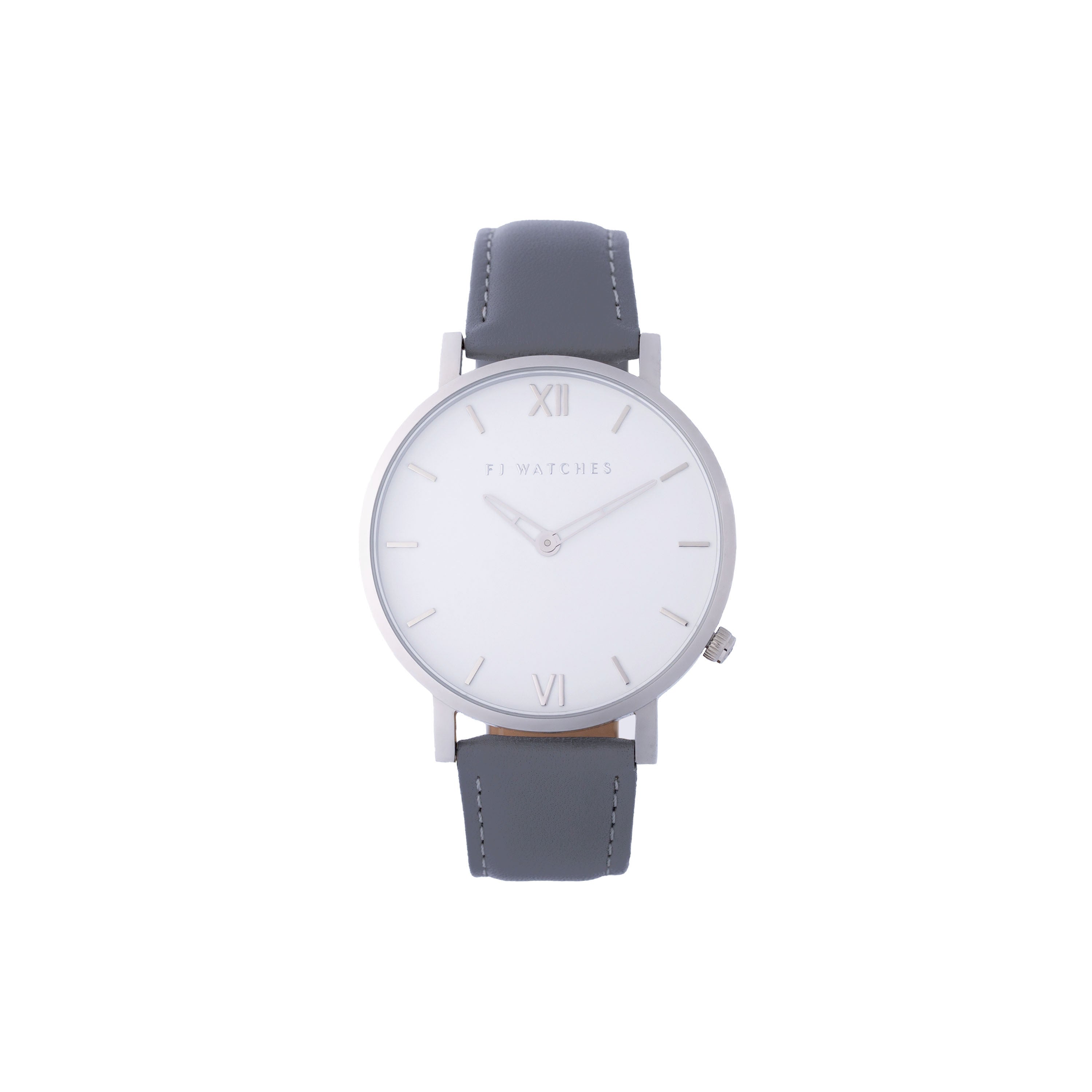 FJ Watches silver sun white men 42mm grey charcoal leather strap watch minimalist