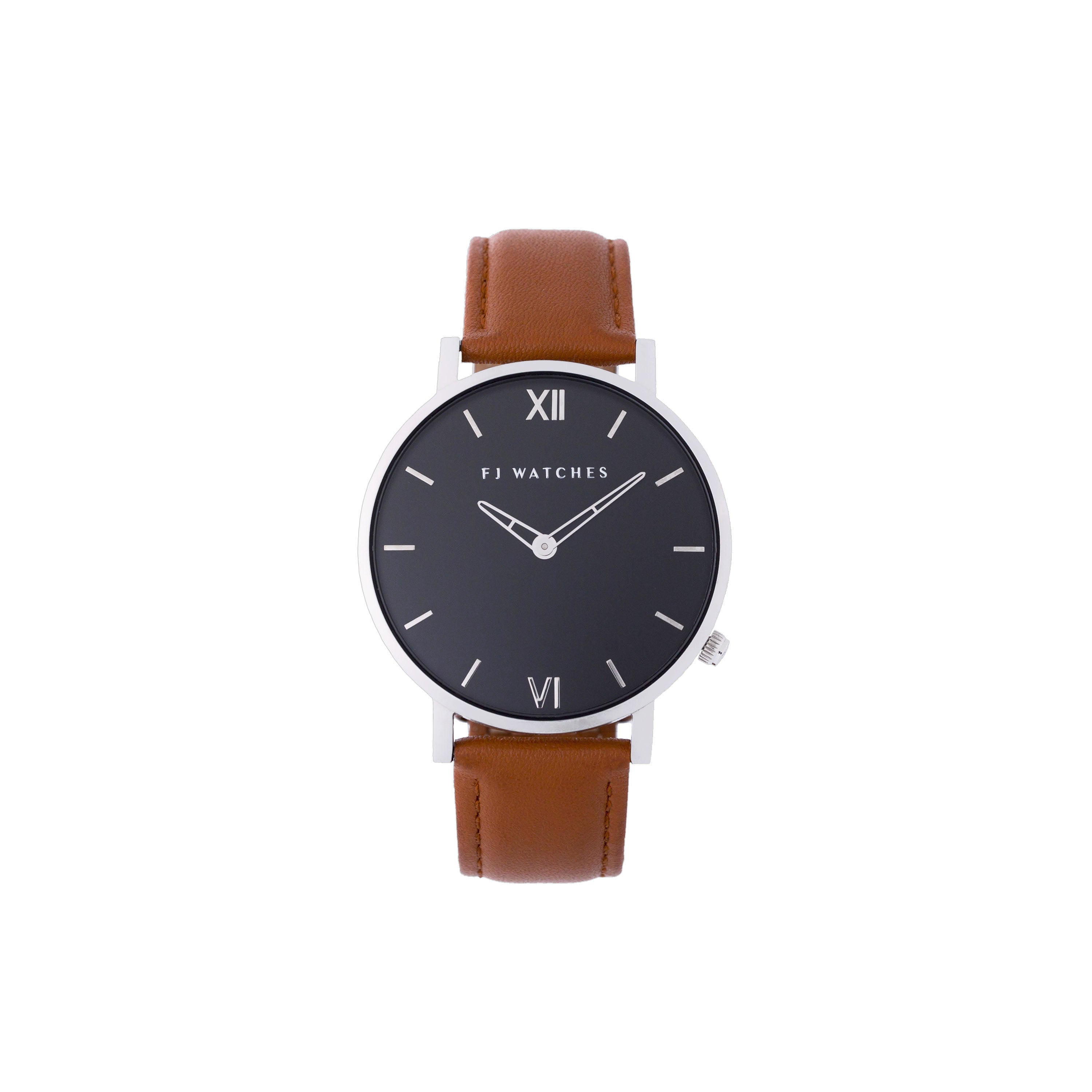 FJ Watches silver moon black women 36mm tan light brown leather strap watch minimalist