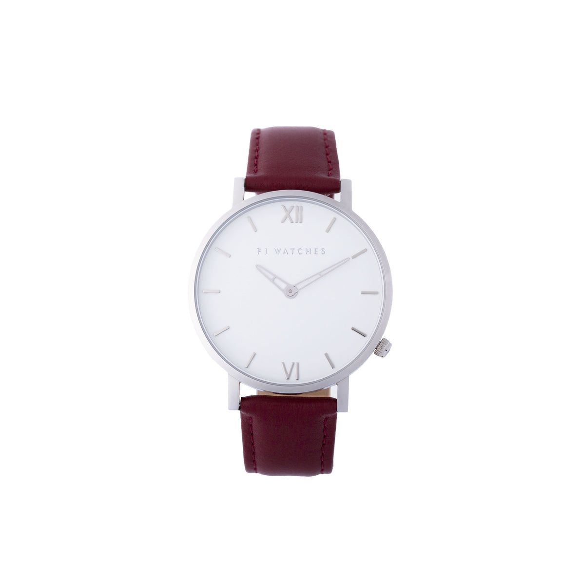 FJ Watches silver sun white women 36mm red burgundy leather strap watch minimalist
