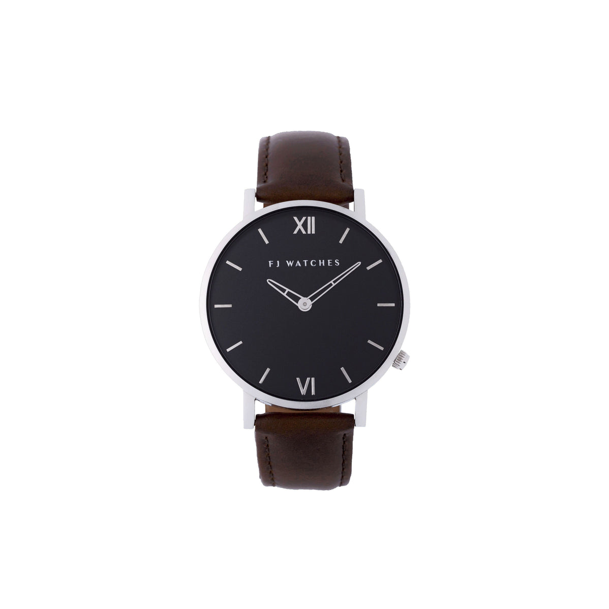 FJ Watches silver moon black women 36mm brown leather strap watch minimalist