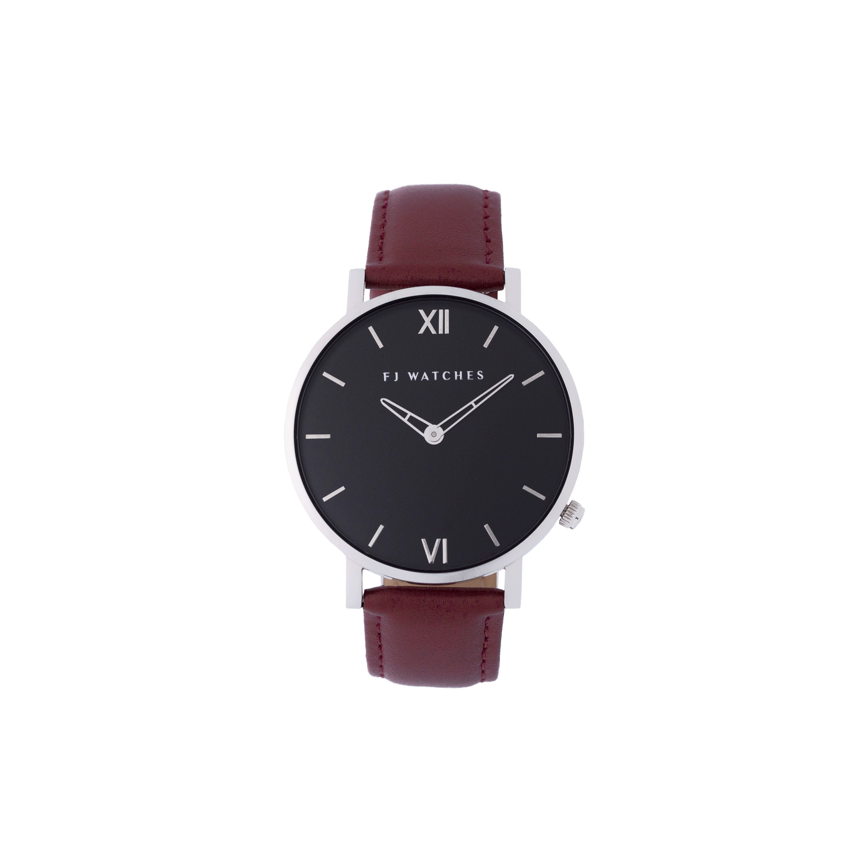 FJ Watches silver moon black women 36mm red burgundy leather strap watch minimalist
