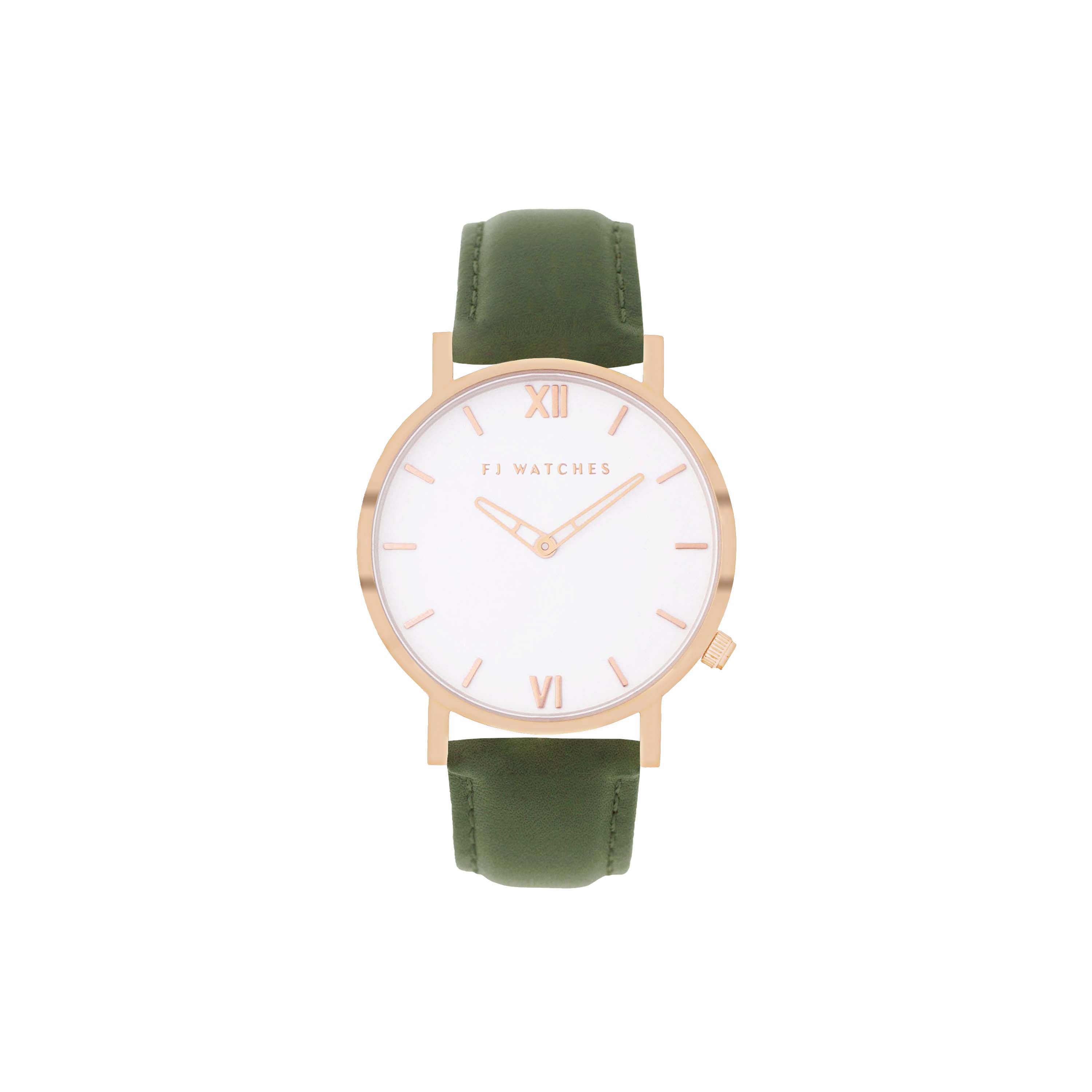 FJ Watches Golden sun white rose gold watch men 42mm olive green leather strap minimalist