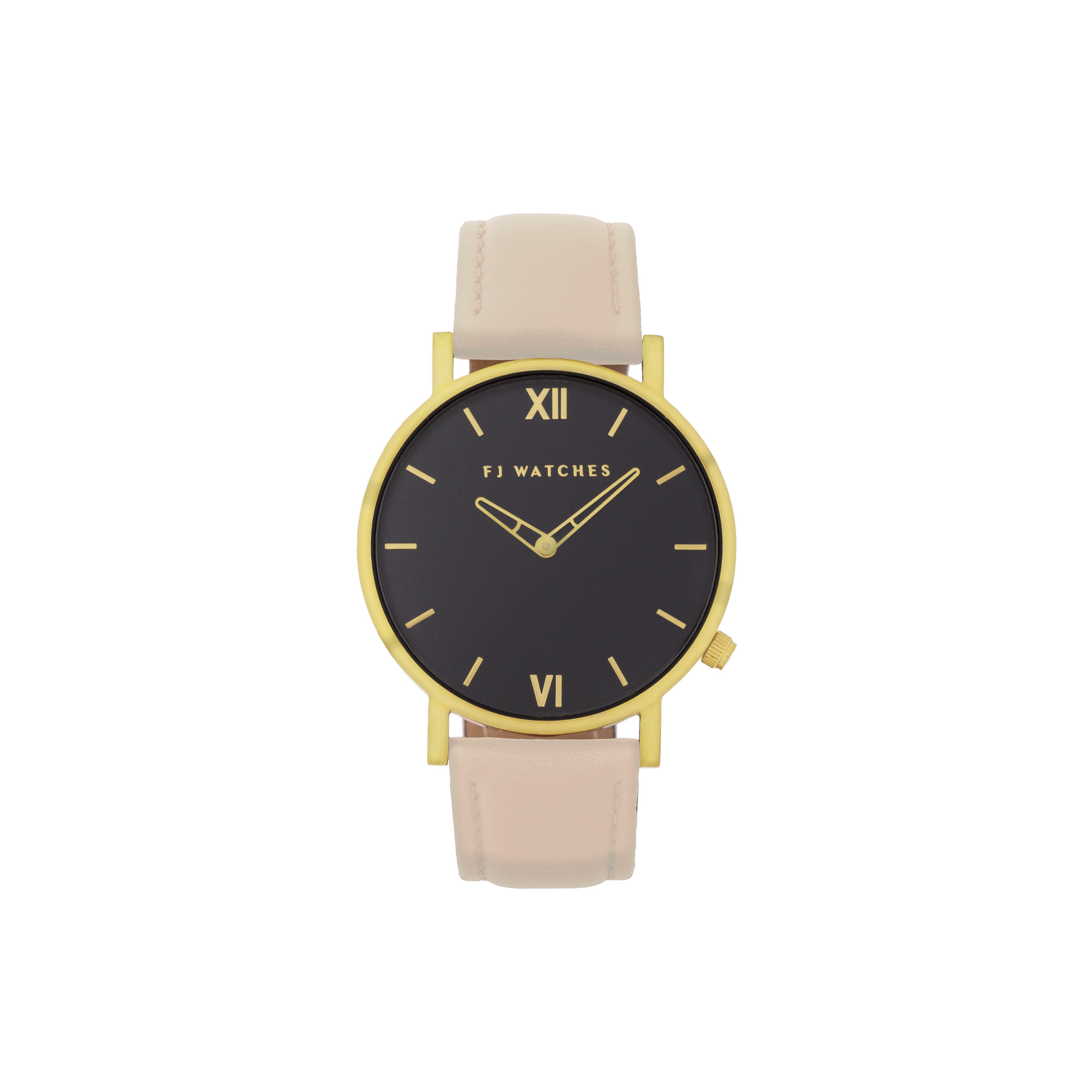 FJ Watches moonlight black gold women 36mm pinky beige leather strap watch minimalist