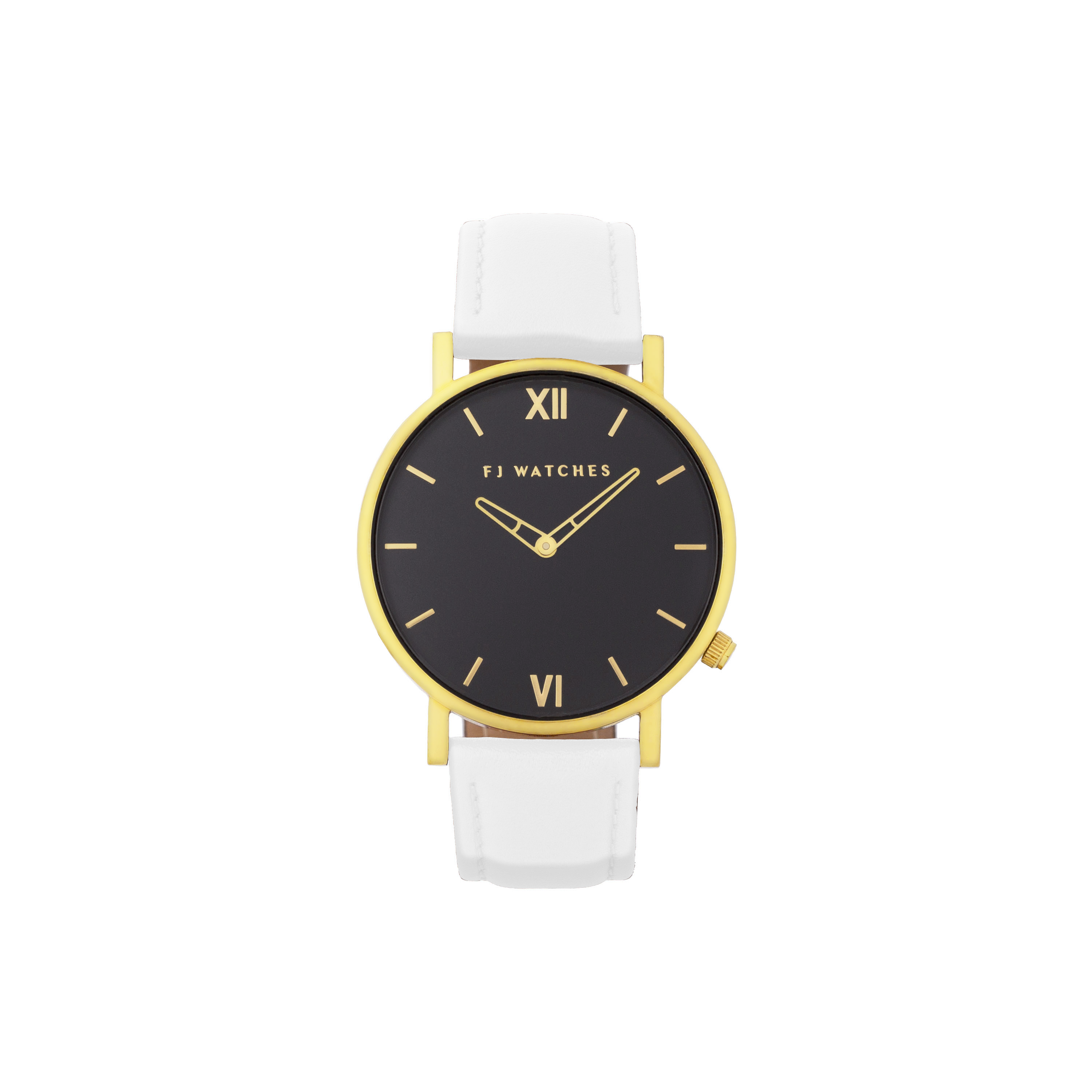 FJ Watches moonlight black gold women 36mm white leather strap watch minimalist