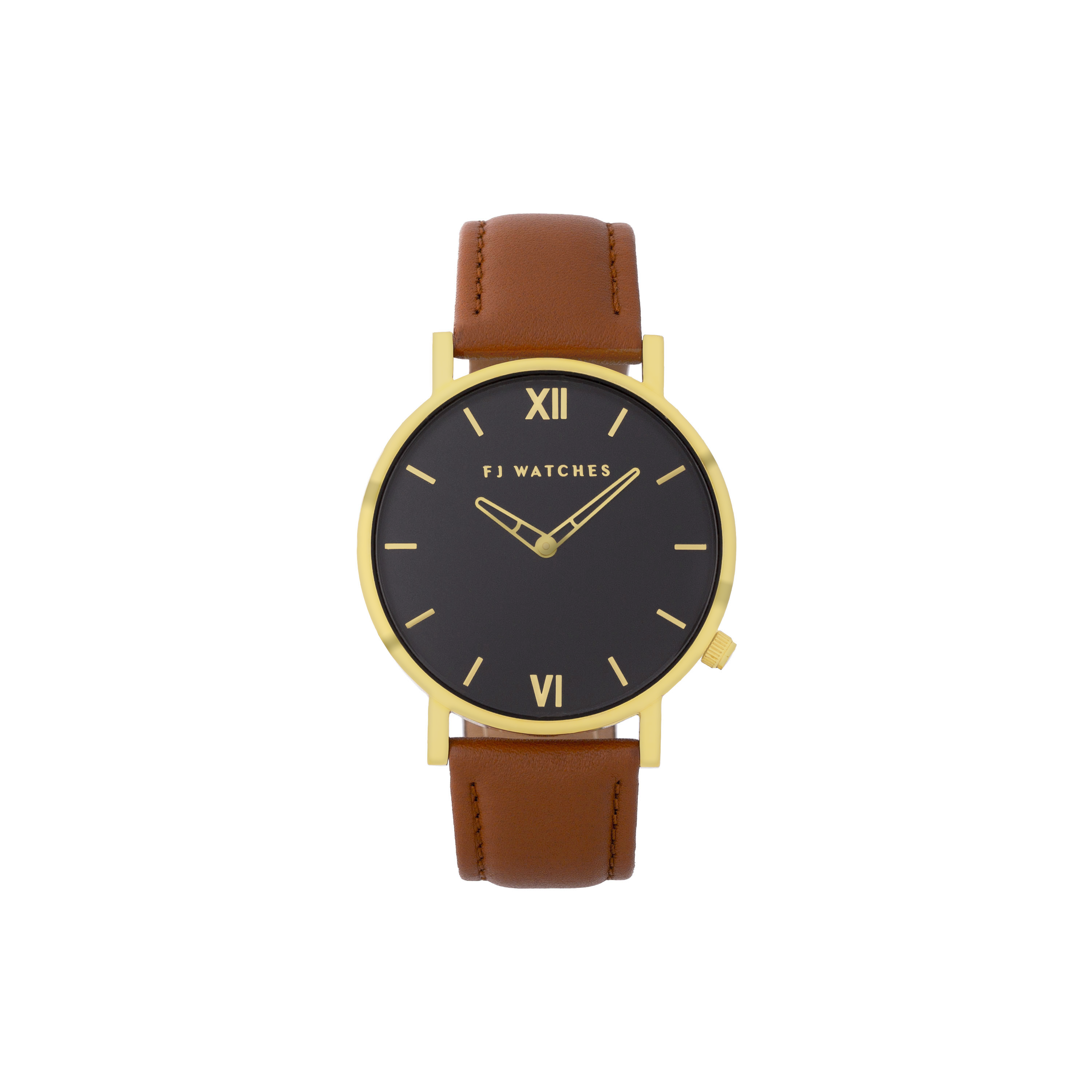 FJ Watches moonlight black gold women 36mm tan light brown leather strap watch minimalist