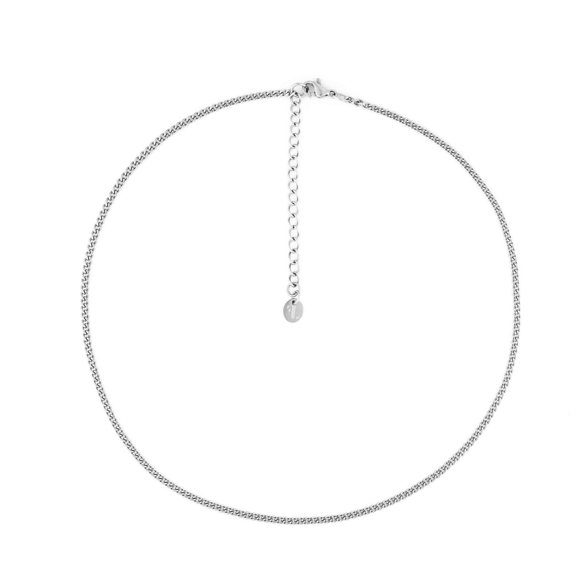 fj watches loen necklace chain stainless steel silver argent plated acier inoxydable 2mm curb thin femme women collier chaine mince
