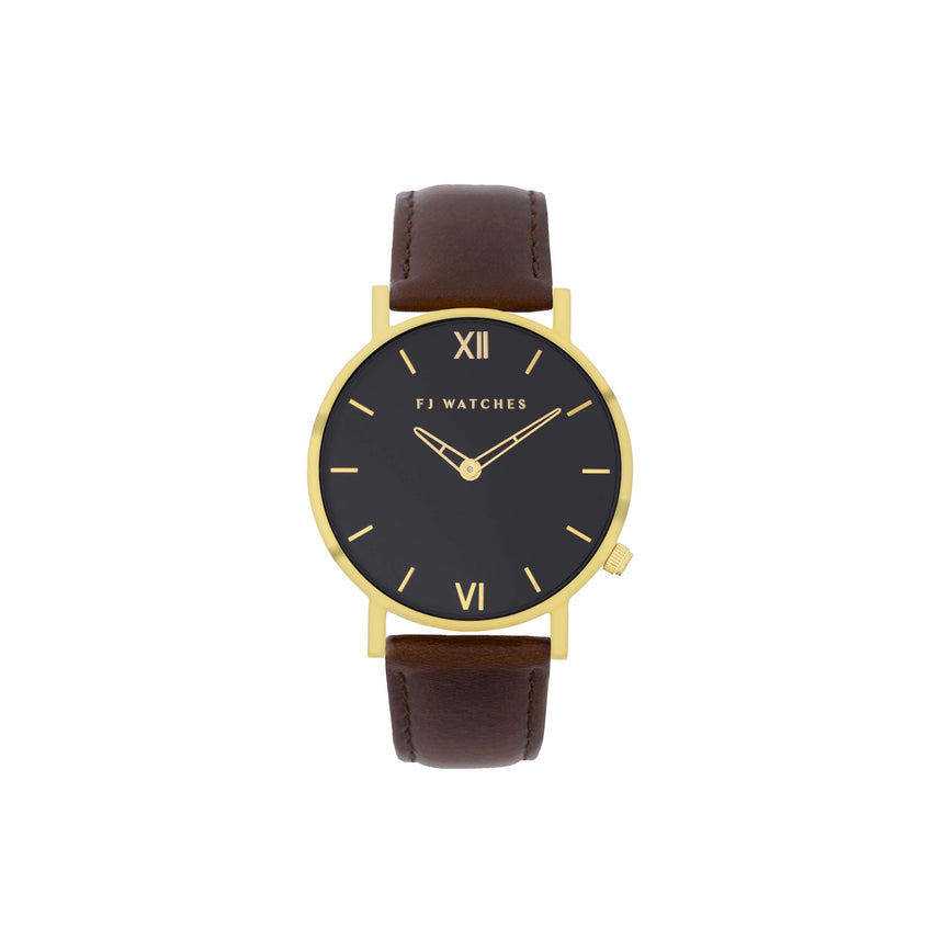 FJ Watches moonlight black gold men 42mm leather strap watch minimalist brown