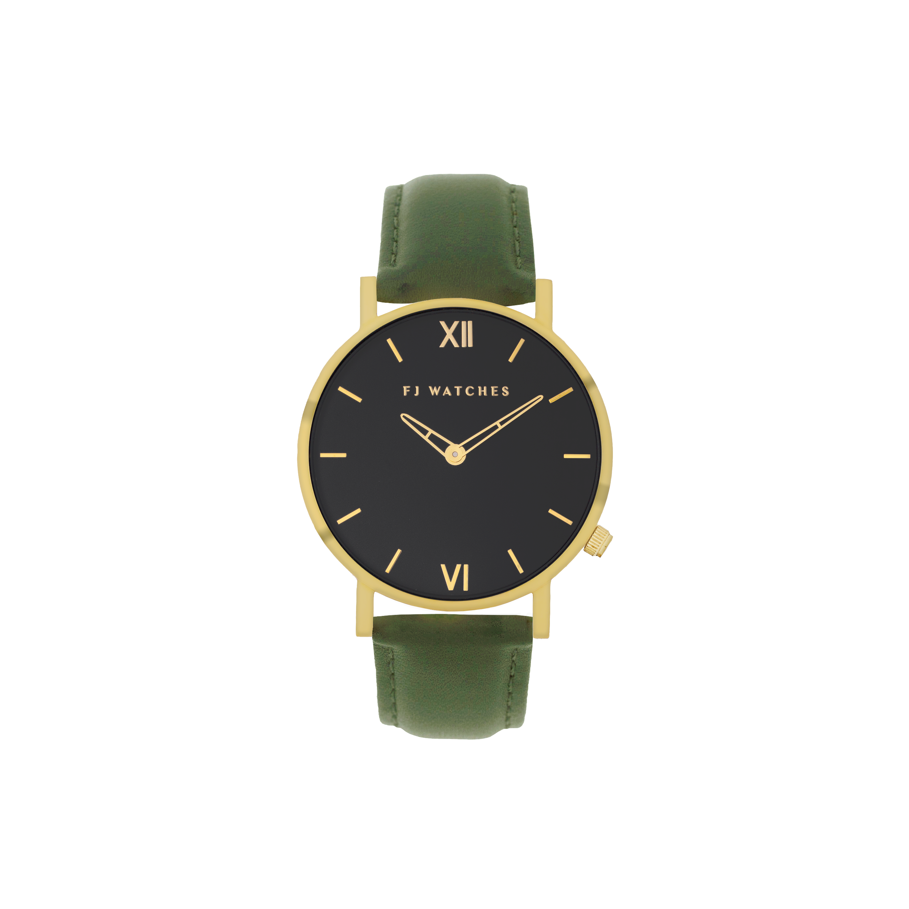 FJ Watches moonlight black gold men 42mm leather strap watch minimalist olive green