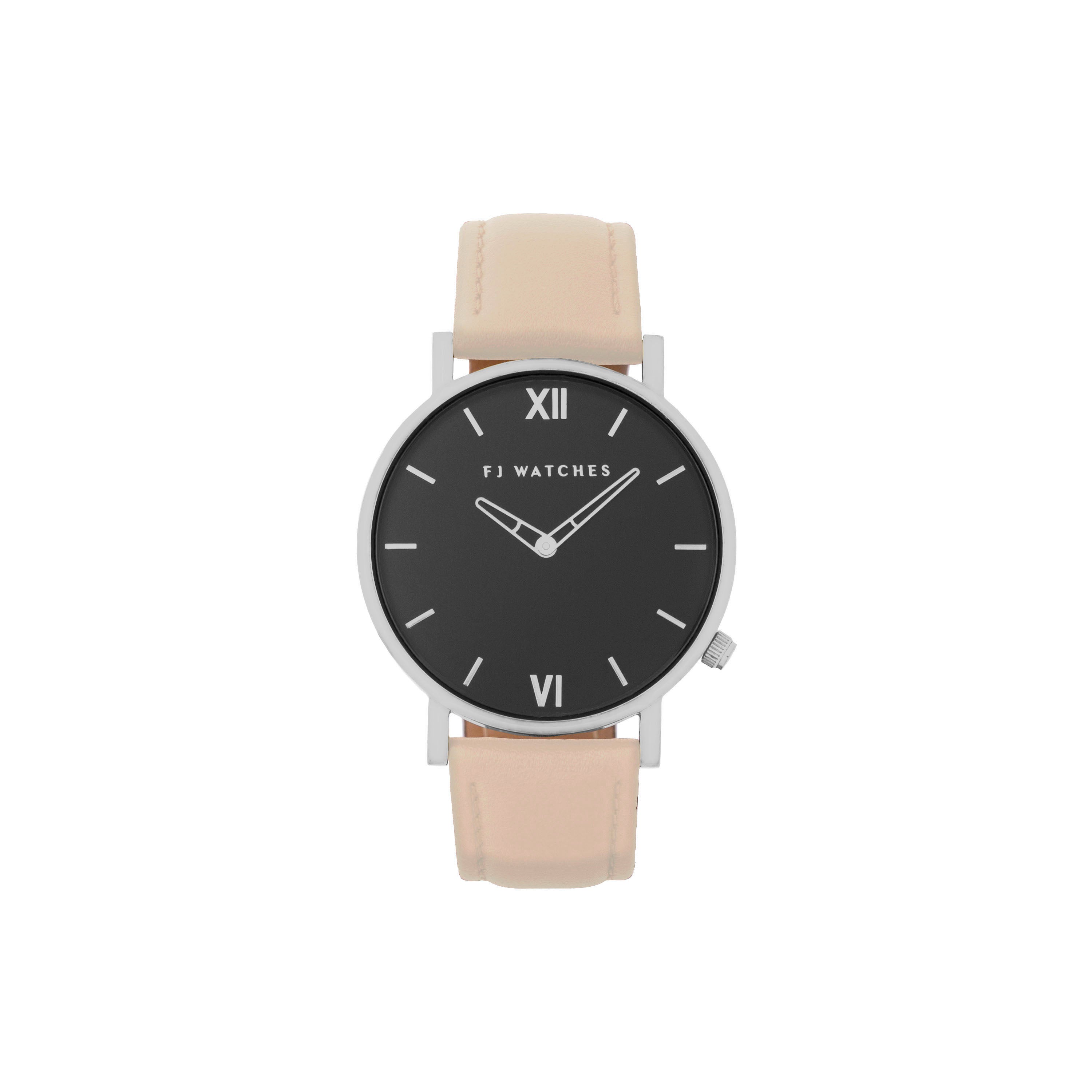 FJ Watches silver moon black women 36mm pinky beige leather strap watch minimalist