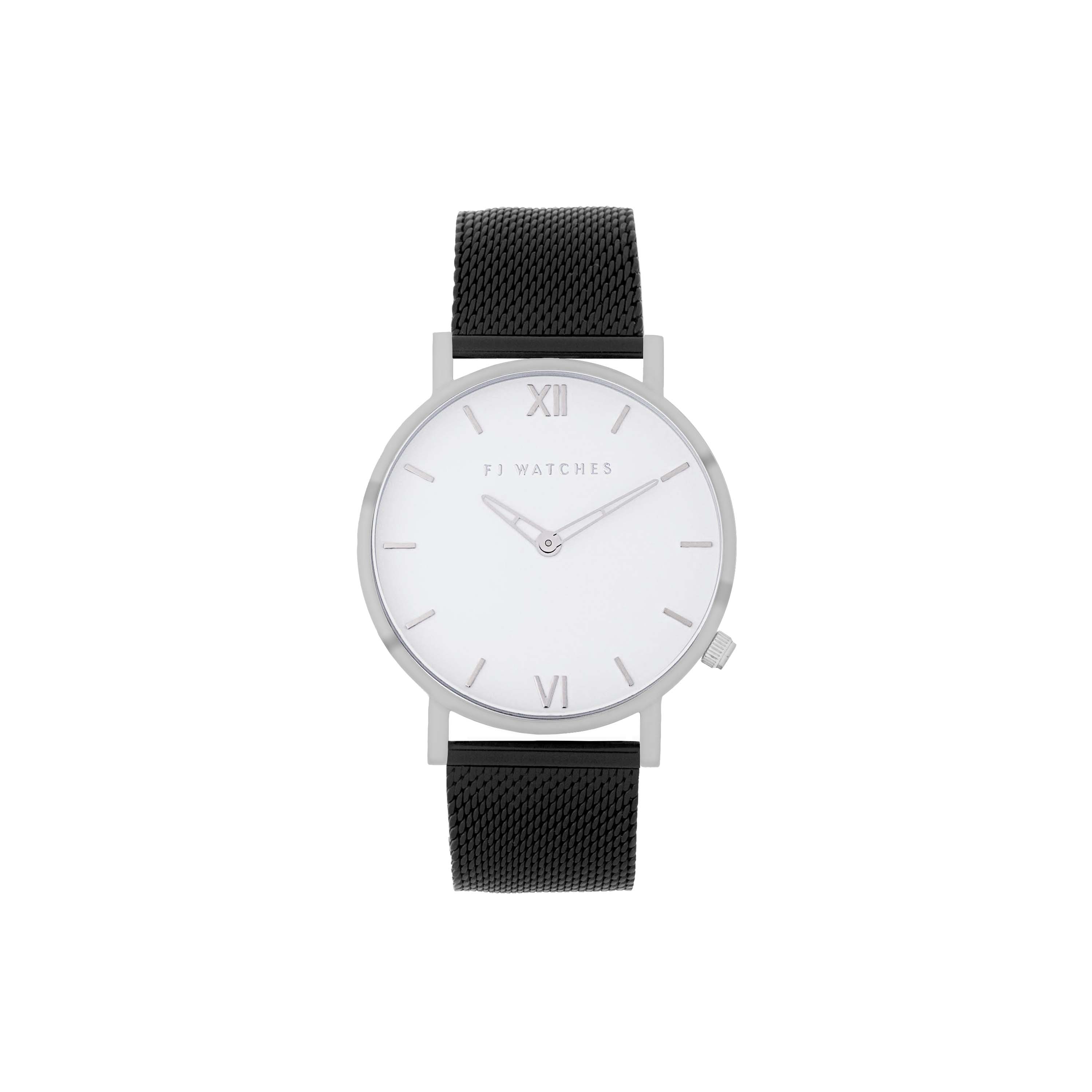 FJ Watches silver sun white women 36mm black mesh band watch minimalist