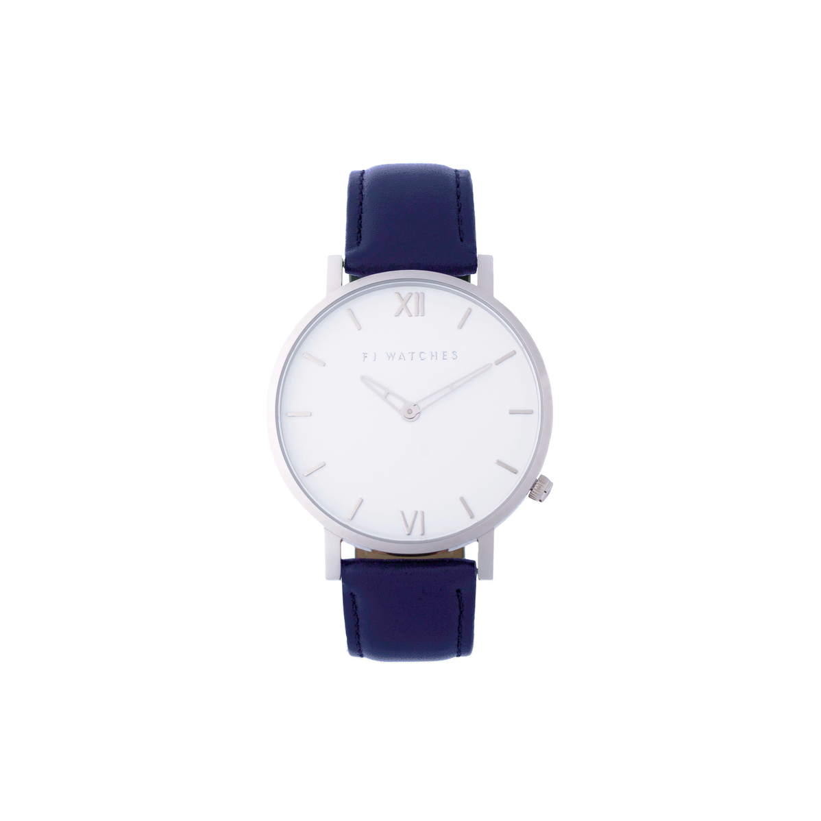 FJ Watches silver sun white men 42mm navy blue leather strap watch minimalist