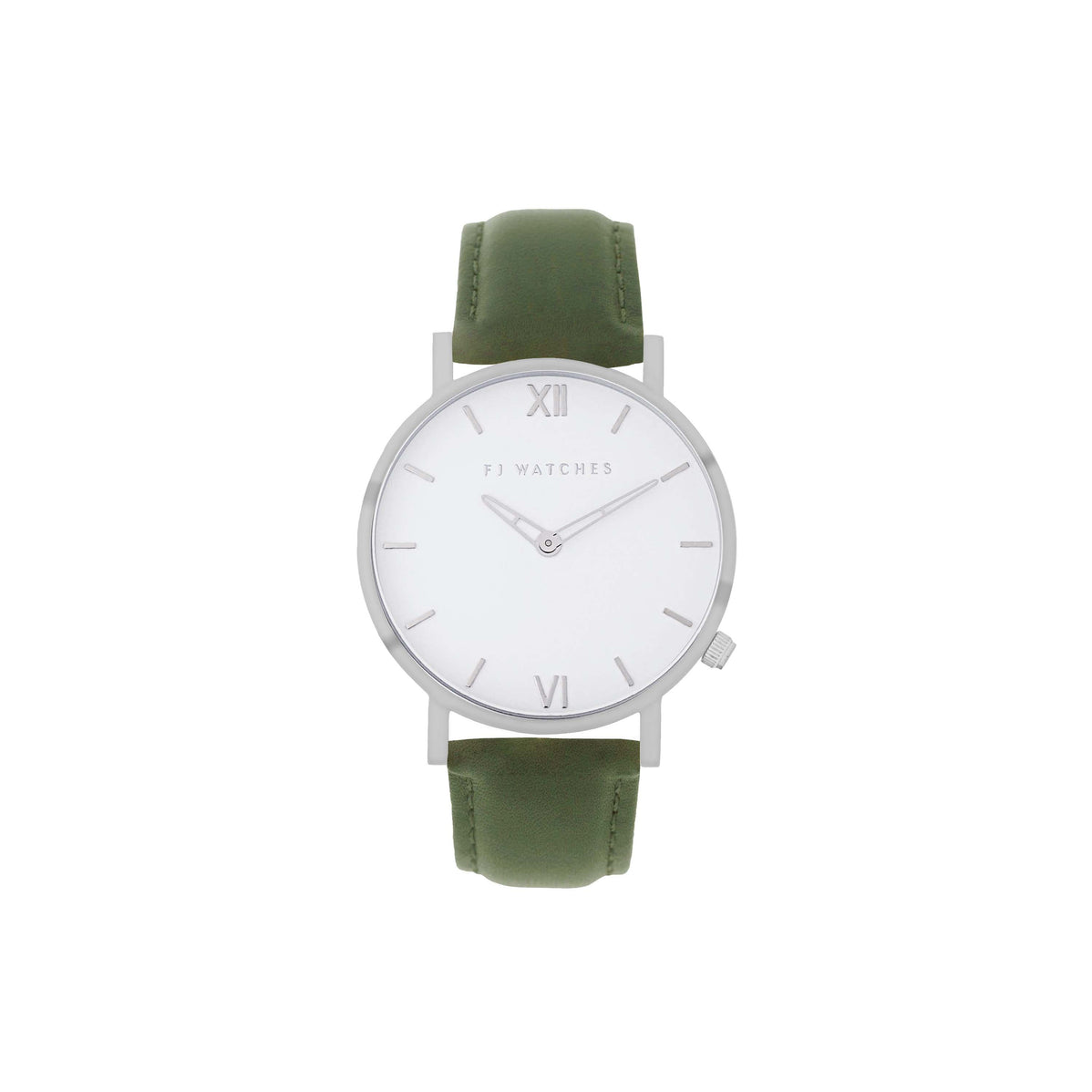 FJ Watches silver sun white men 42mm Olive green leather strap watch minimalist